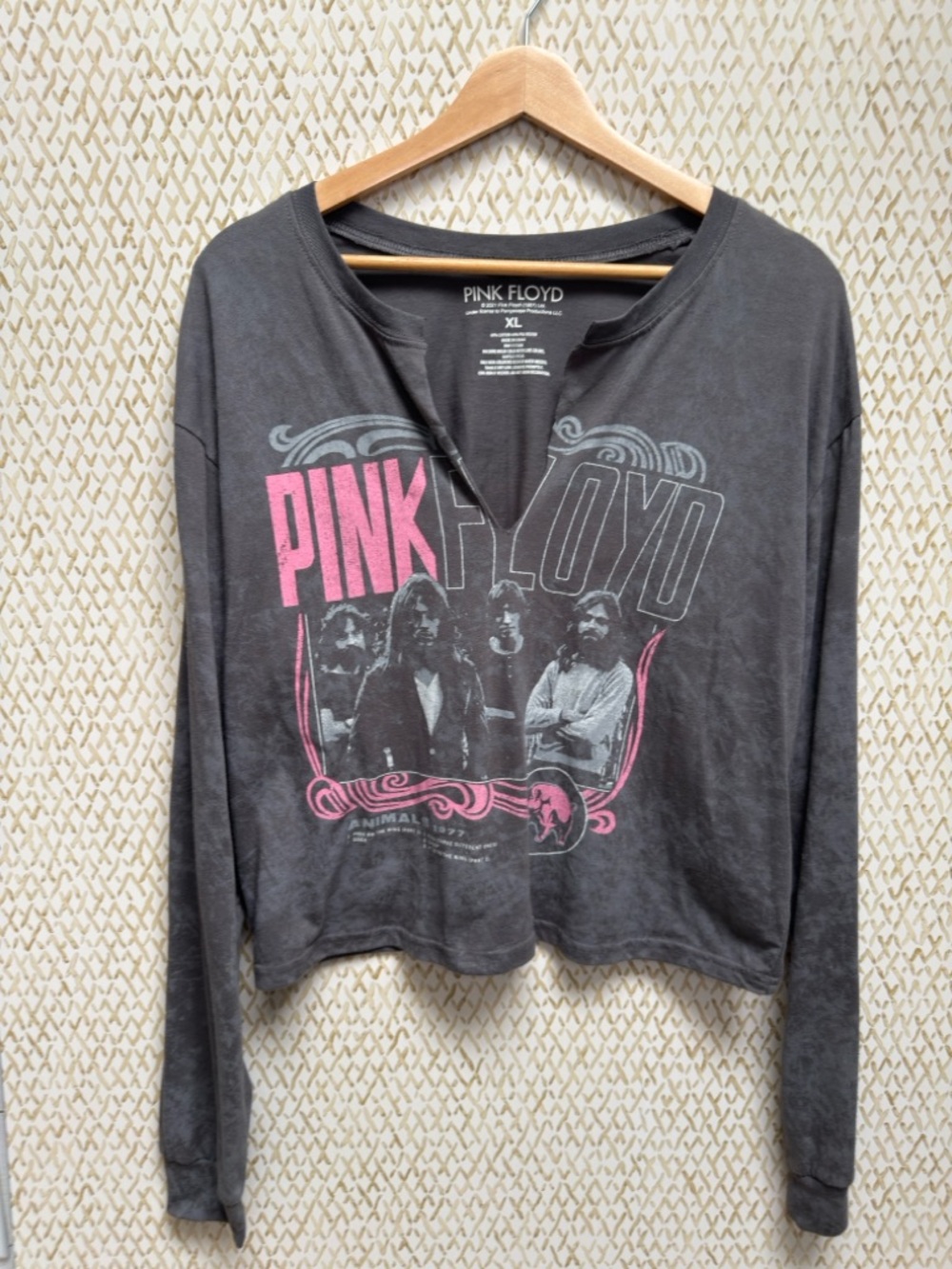 Pink Floyd Cropped Long Sleeve Band Tee Washed Black Pink Graphic Grunge Y2K XL - Picture 5 of 8